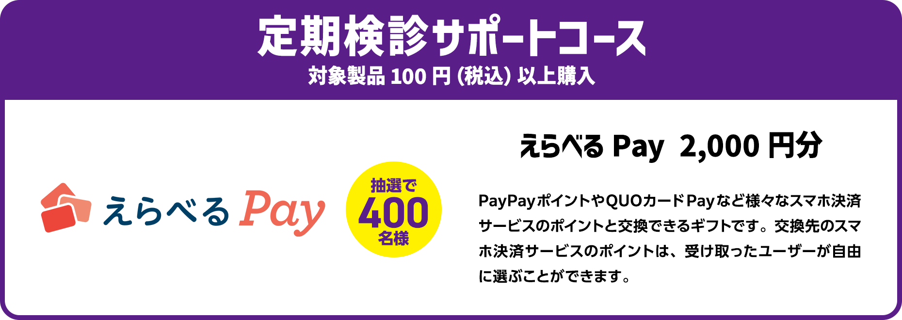 ＜定期検診サポートコース＞対象製品100円（税込）以上購入で抽選で400名様に「えらべるPay 2,000円分」プレゼント！