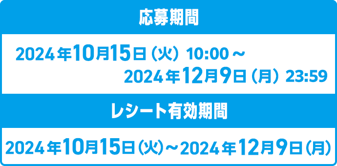 応募期間：2024年10月15日（火）10:00〜2024年12月9日（月）23:59　レシート有効期間：2024年10月15日（火）〜2024年12月9日（月）