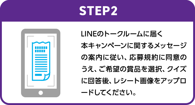 STEP2：LINEのトークルームに届く本キャンペーンに関するメッセージの案内に従い、応募規約に同意のうえ、ご希望の賞品を選択、クイズに回答後、レシート画像をアップロードしてください。