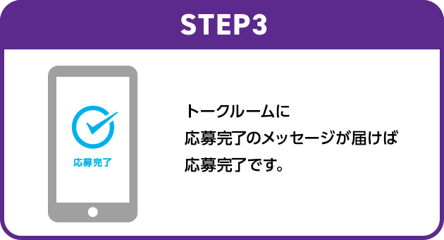 STEP3：トークルームに応募完了のメッセージが届けば応募完了です。