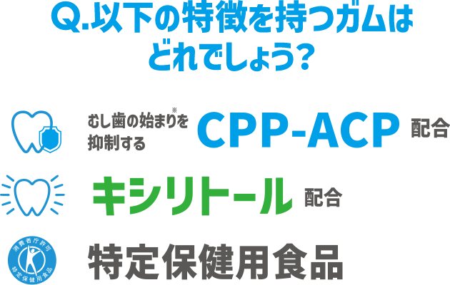 Q. 以下の特徴を持つガムはどれでしょう？虫歯の始まりを抑制するCPP-ACP配合／キシリトール配合／特定保健用食品